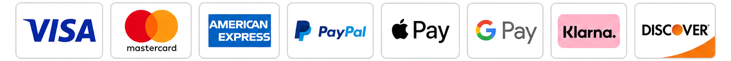 Visa, Mastercard, American Express, PayPal, Apple Pay, Google Pay, Klarna and Discover